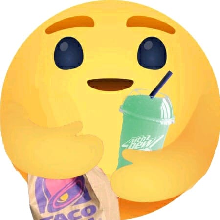 The meme features a yellow face with a surprised expression, often used to express excitement or shock. The face is accompanied by a hand holding a Taco Bell bag, implying that the person is excited about their food. The text "I can smell the Taco Bell" is often added to the meme, but it's not present in this specific image.